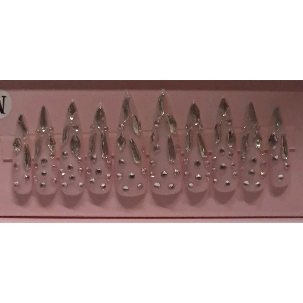Handmade Almond Stiletto Press On Nails Pink Chrome Drip Rhinestone Bling Glam - Picture 3 of 5